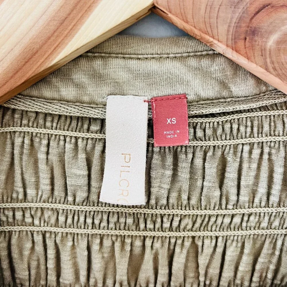 Anthropologie Pilcro XS - S Green Olive Stretch Smocked Shacket Pockets‎ Button